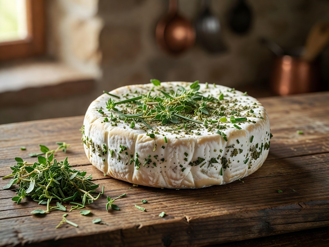 Artisan goat cheese round with herbs from Valley Crest Farmstead Creamery