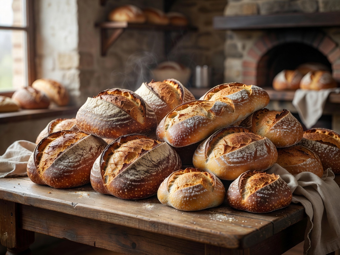Artisan loaves of fresh sourdough bread baked by Hearth and Harvest Bakery