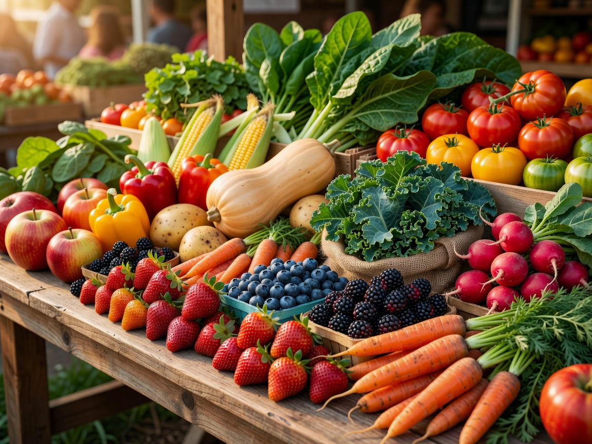 Seasonal produce layout with pumpkins, apples, and root vegetables