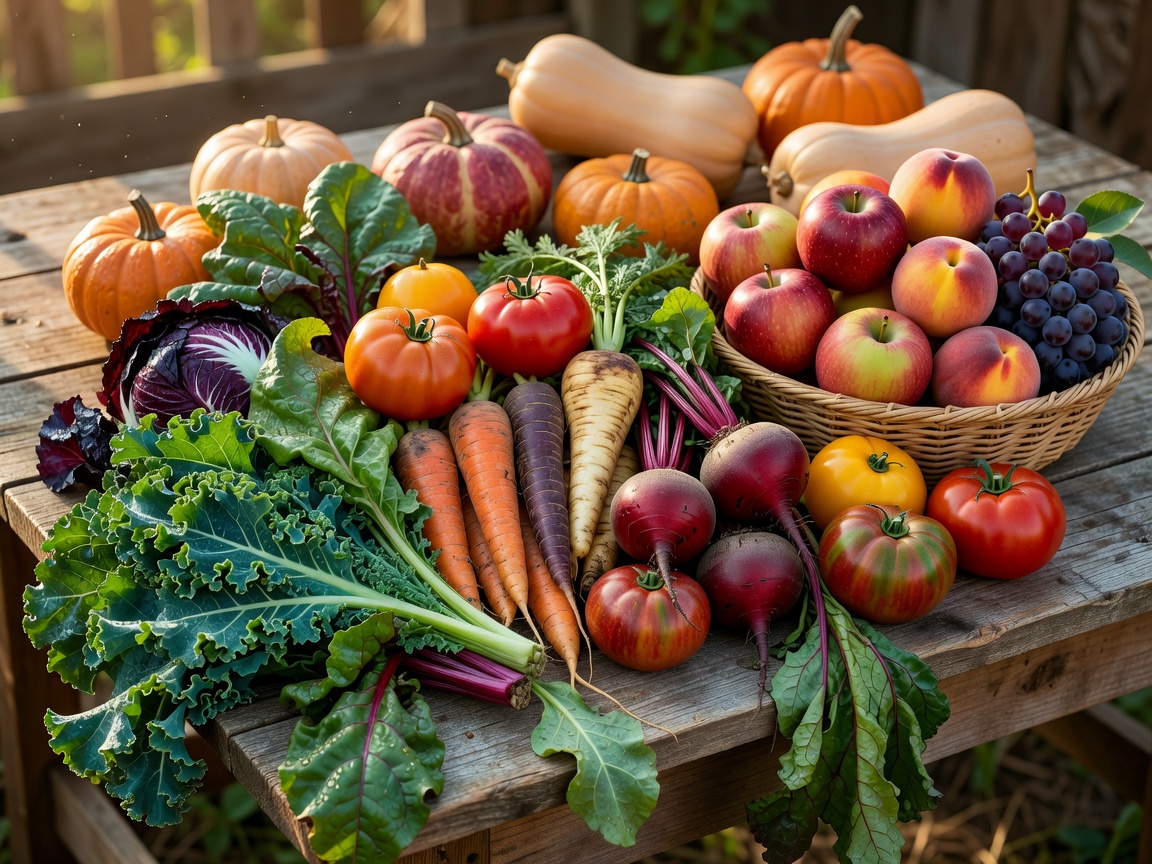 Freshly harvested produce arrangement showing seasonal variety