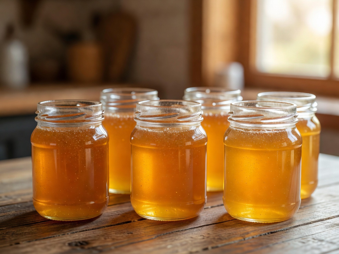 Jars of golden raw honey produced by Wild Meadow Honey Co.