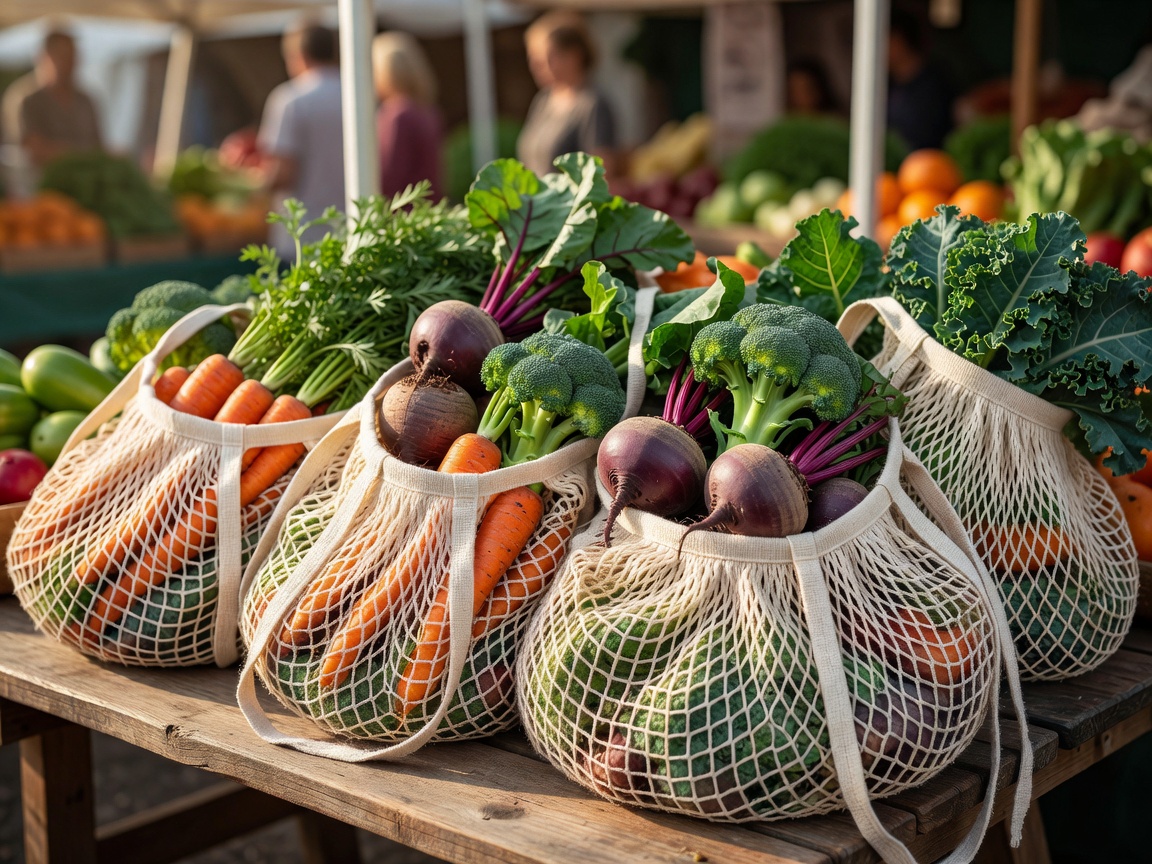 Reusable mesh cotton bags loaded with fresh vegetables
