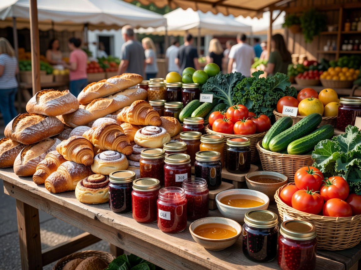 Sunfield Artisan and Produce Market display of fresh organic baking and preserves